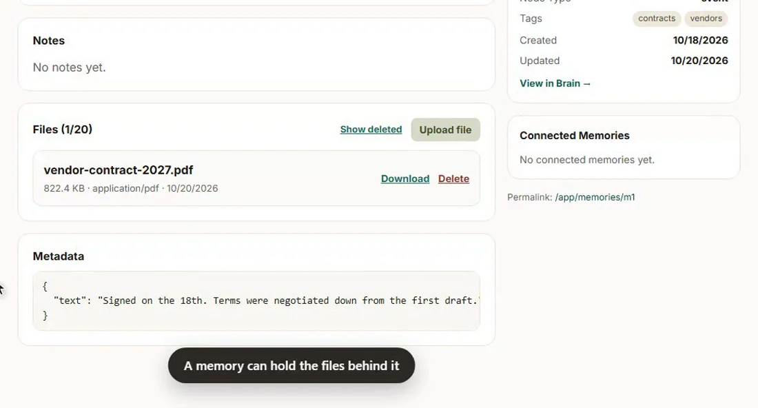 The Files panel on a memory, listing the signed contract with its size, type and date