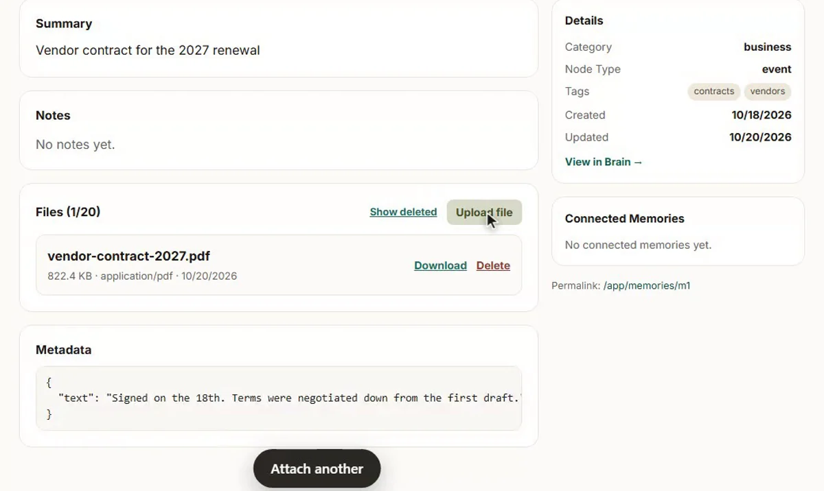 The Empirical portal showing a memory about a vendor contract, with a Files panel listing the signed PDF beneath it.
