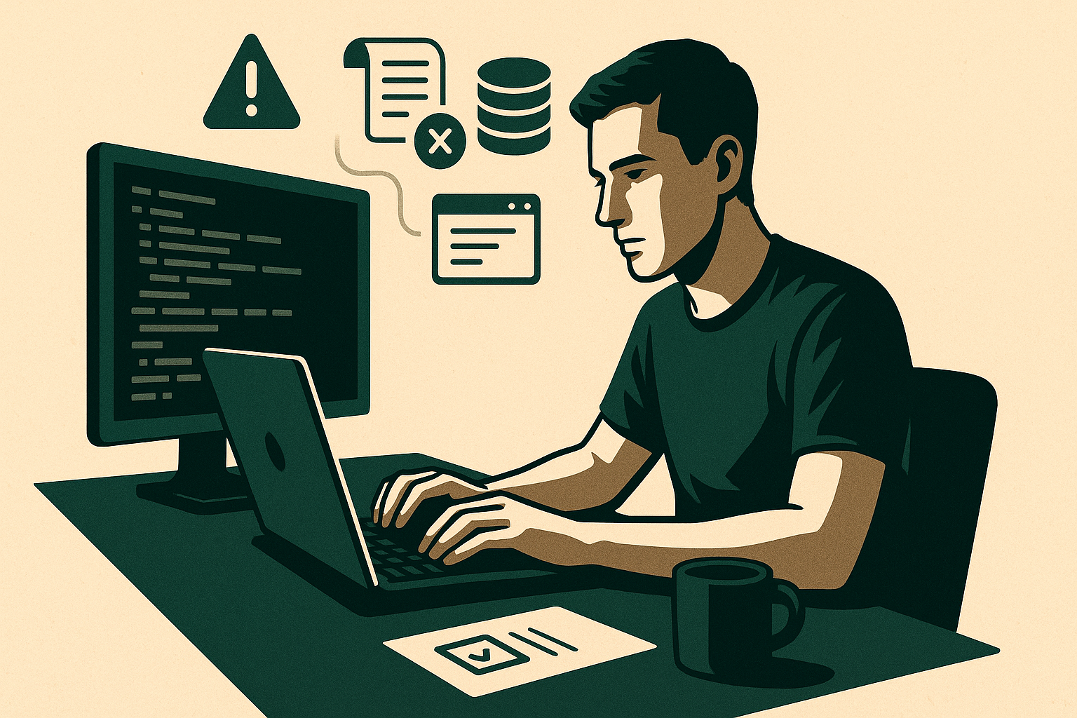 Editorial illustration of a developer working across a computer, laptop, and connected memory notes.