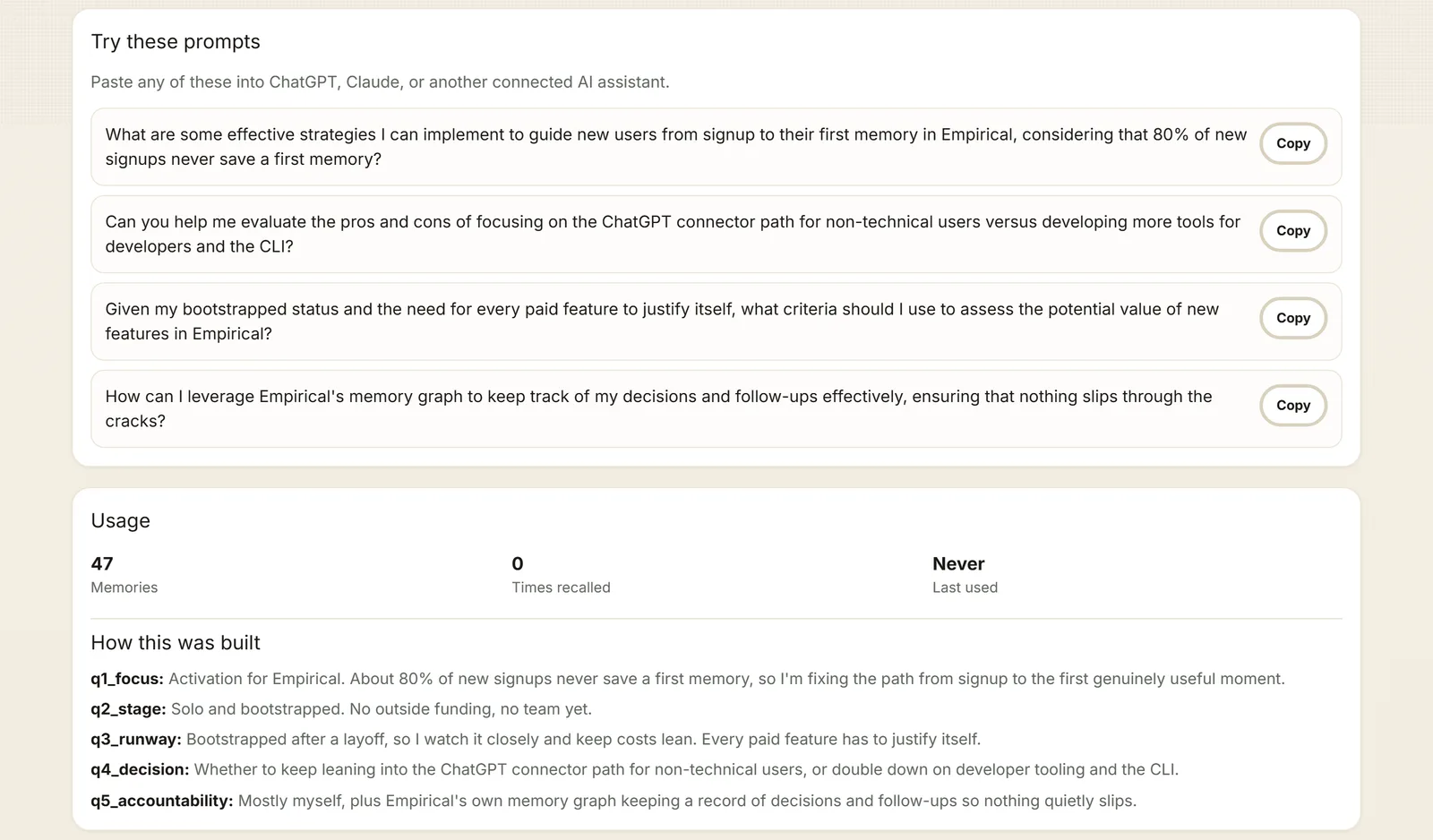 Blueprint detail page after install showing four generated sample prompts based on the interview answers, a usage panel, and a How this was built panel listing the five answers.