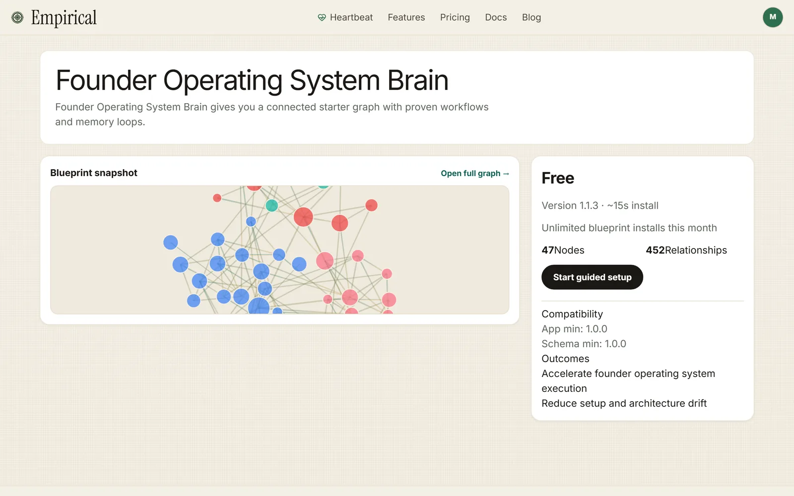 Founder Operating System Brain detail page before install, showing the blueprint graph snapshot and a Start guided setup button.