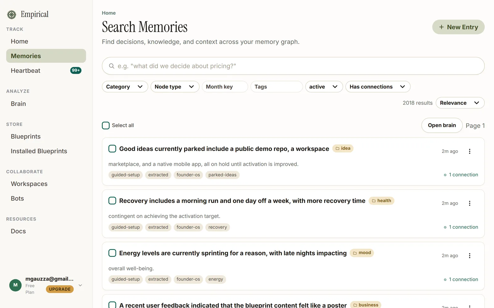 Search Memories page showing new memories extracted from the interview, each a specific fact about the founder, tagged guided-setup and extracted.