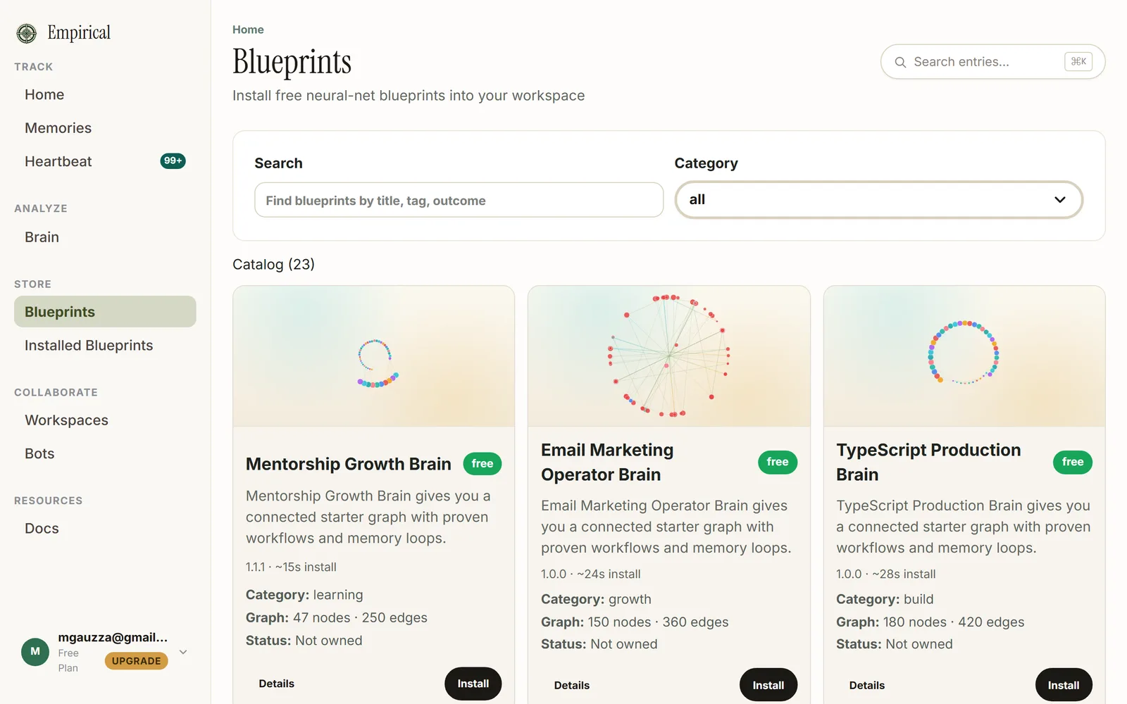 The Empirical blueprint store showing the 23-blueprint catalog with node and edge counts per blueprint.