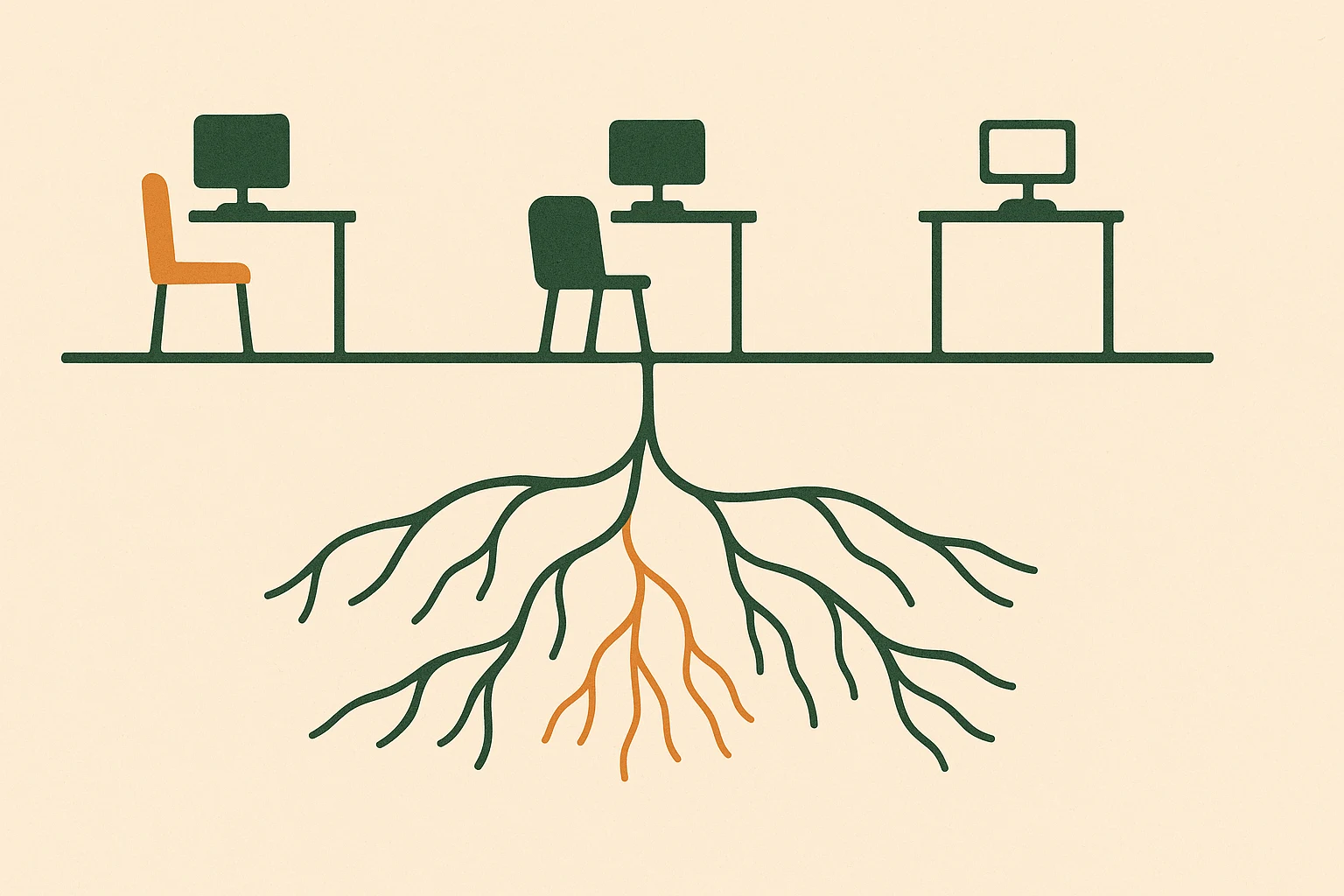 Editorial illustration of three separate desks with monitors, disconnected above ground but joined by a single shared root system growing underneath them, representing a shared memory layer beneath isolated agents.