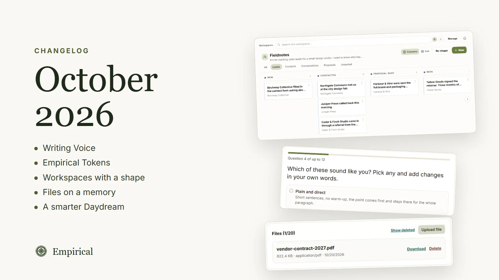 The October 2026 changelog cover, listing Writing Voice, Empirical Tokens, workspaces with a shape, files on a memory and a smarter Daydream, beside screenshots of a workspace board, a Writing Voice question and a memory's Files panel.