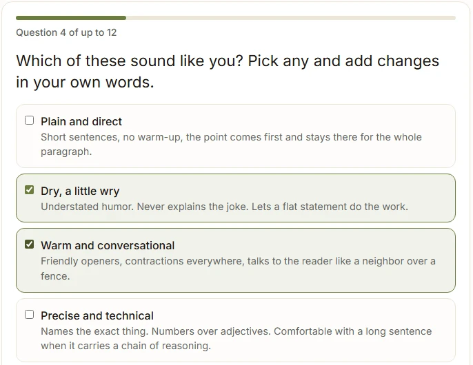 A Writing Voice question asking which styles sound like you, with Dry, a little wry and Warm and conversational picked