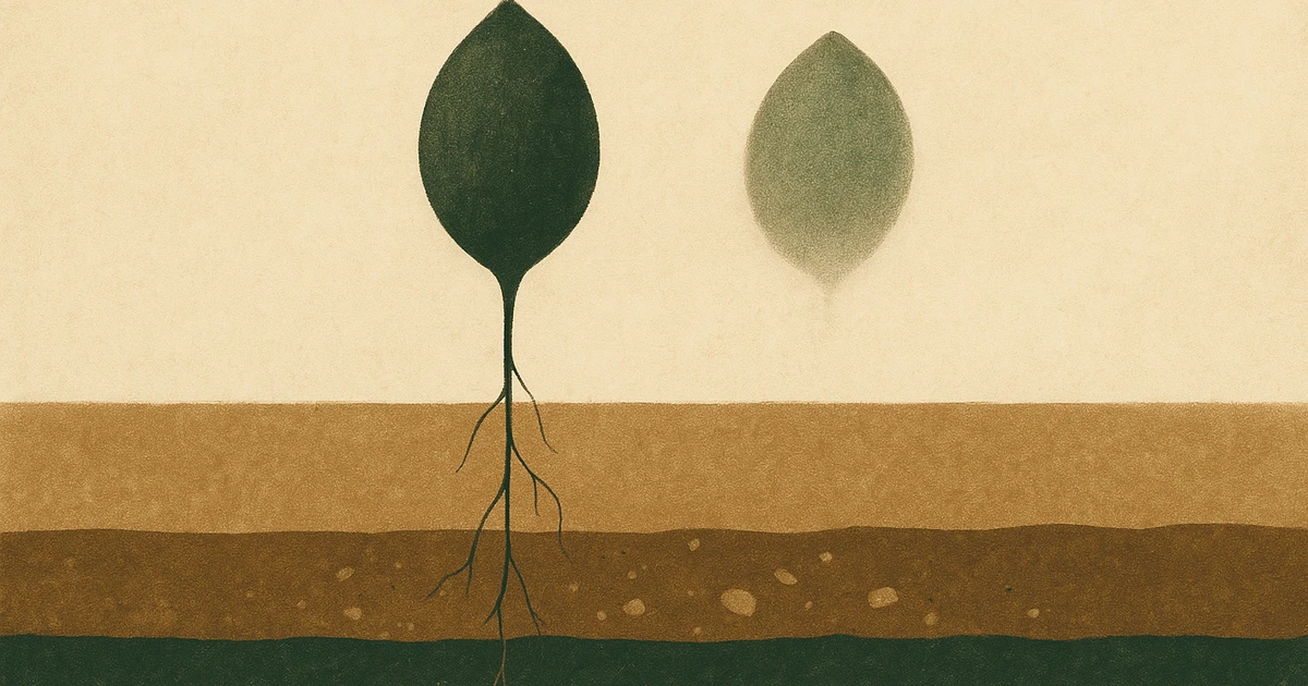 Two identical dark seed pods against a cream background, one anchored by a fine root reaching down through visible layers of soil and stone, the other floating free with no root and a hazier outline.