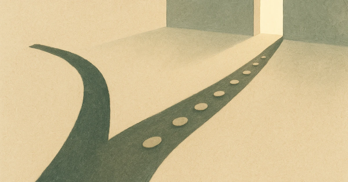 A single path splits into two branches. One is lined with glowing stones and leads clearly to an open, lit doorway. The other is bare, fades hazier, and dead-ends at a wall.