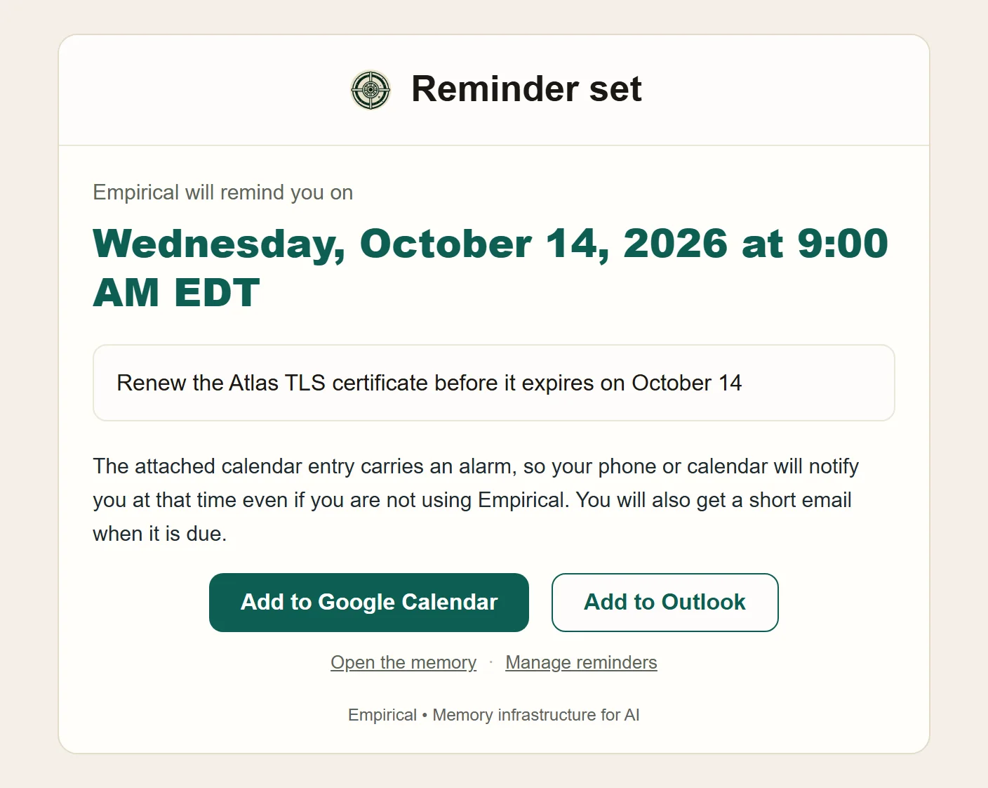 The Reminder set email: Empirical will remind you on Wednesday, October 14, 2026 at 9:00 AM EDT, the reminder text in a box, an explanation that the attached calendar entry carries an alarm, and Add to Google Calendar and Add to Outlook buttons.