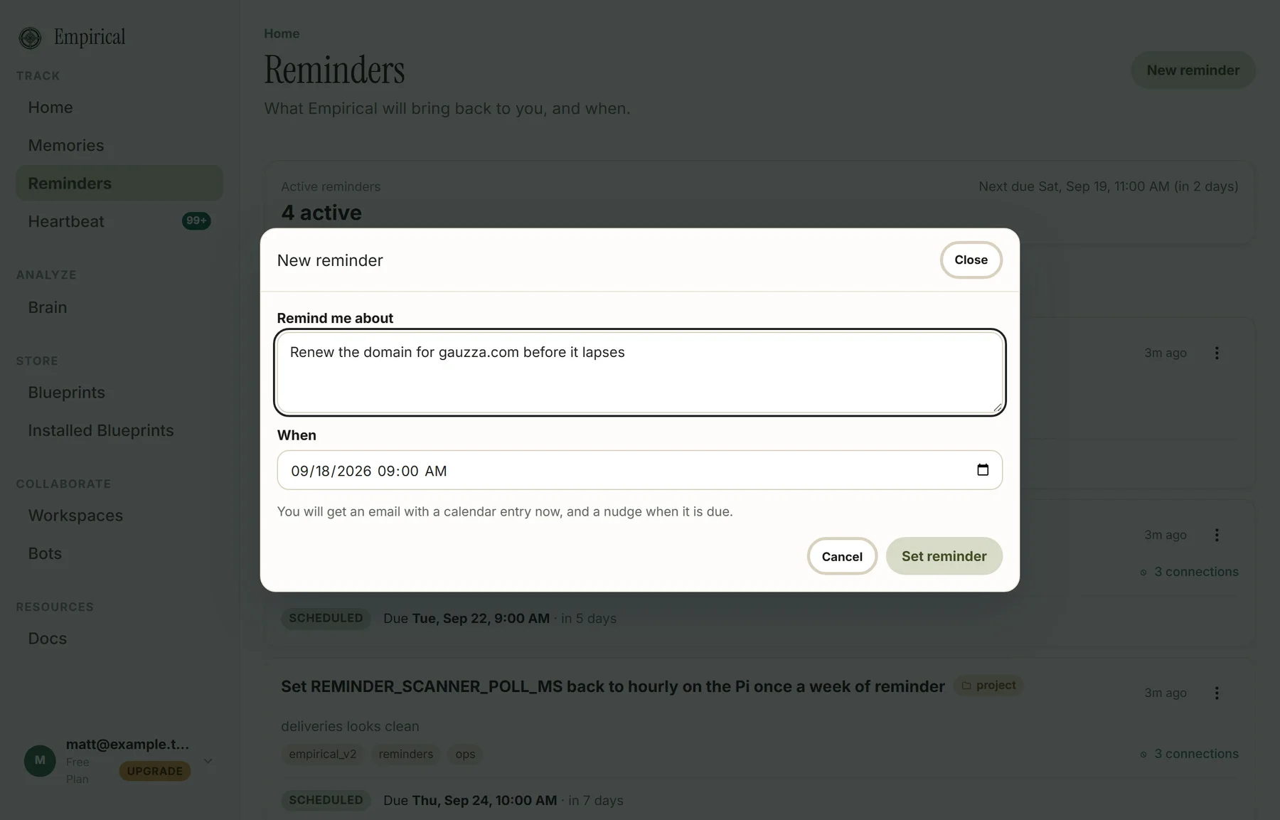 The New reminder dialog with a text box reading Renew the domain for gauzza.com before it lapses, a date and time picker, and a note that you will get an email with a calendar entry now and a nudge when it is due.