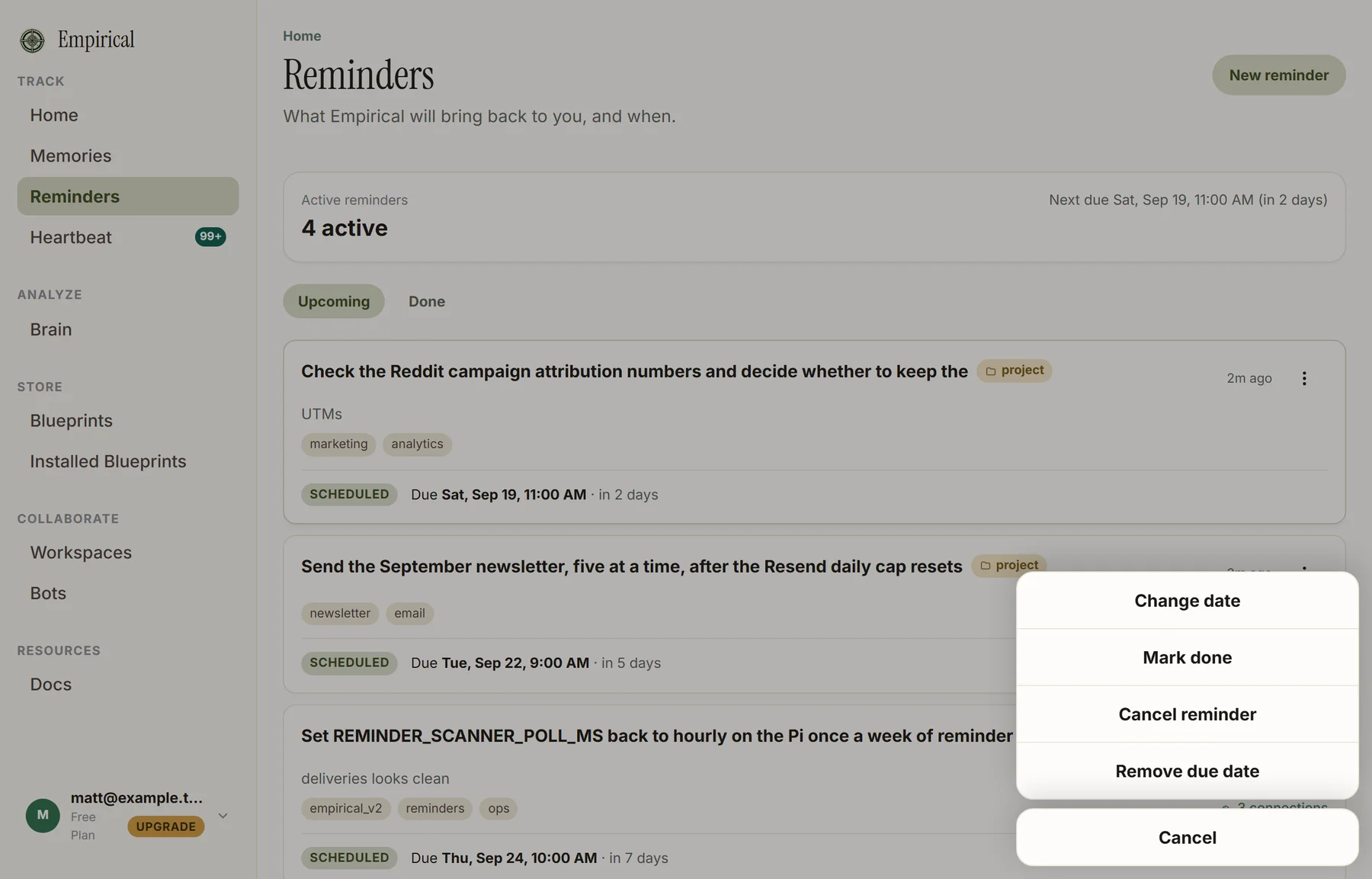 The action sheet on a reminder card with Change date, Mark done, Cancel reminder, and Remove due date.