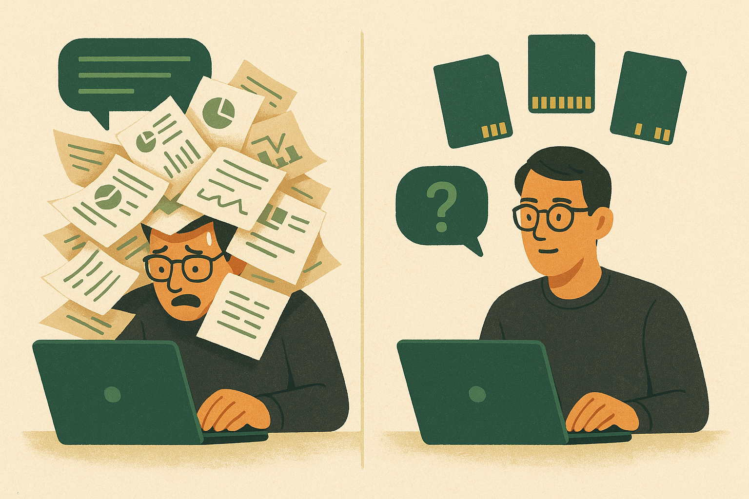 Before-and-after editorial illustration showing a user pasting an enormous prompt on one side and, on the other, asking a short question while relevant memories attach quietly in the background.