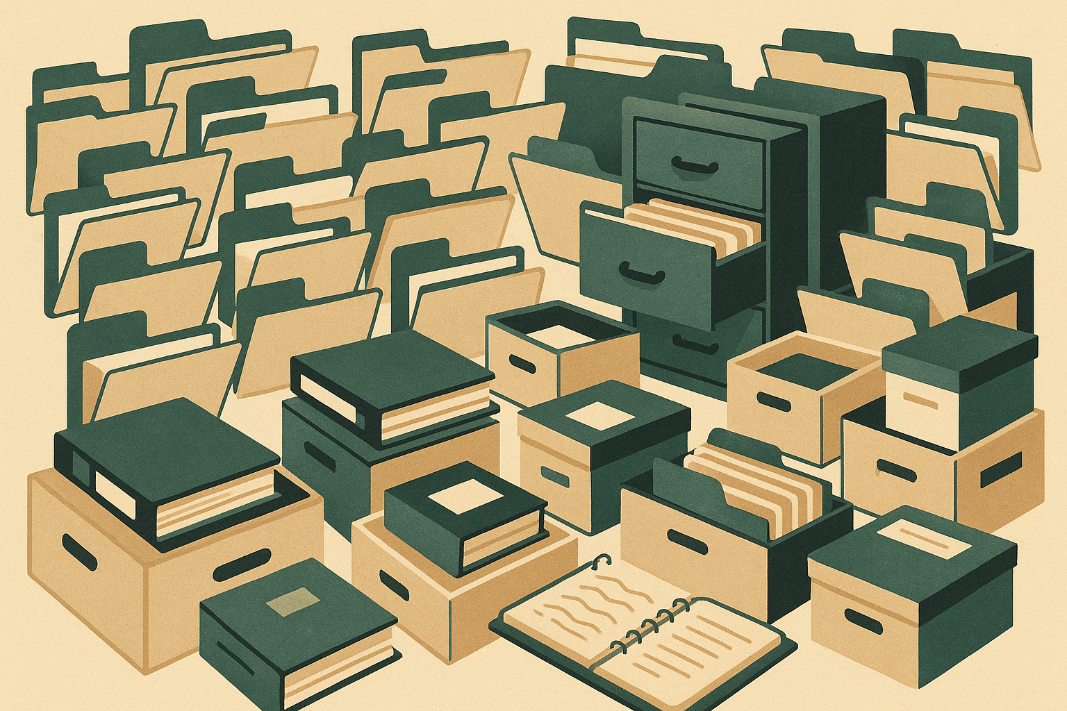 A chaotic folder tree with notebooks, sticky notes, and nested folders multiplying into absurd categories while still looking carefully maintained.