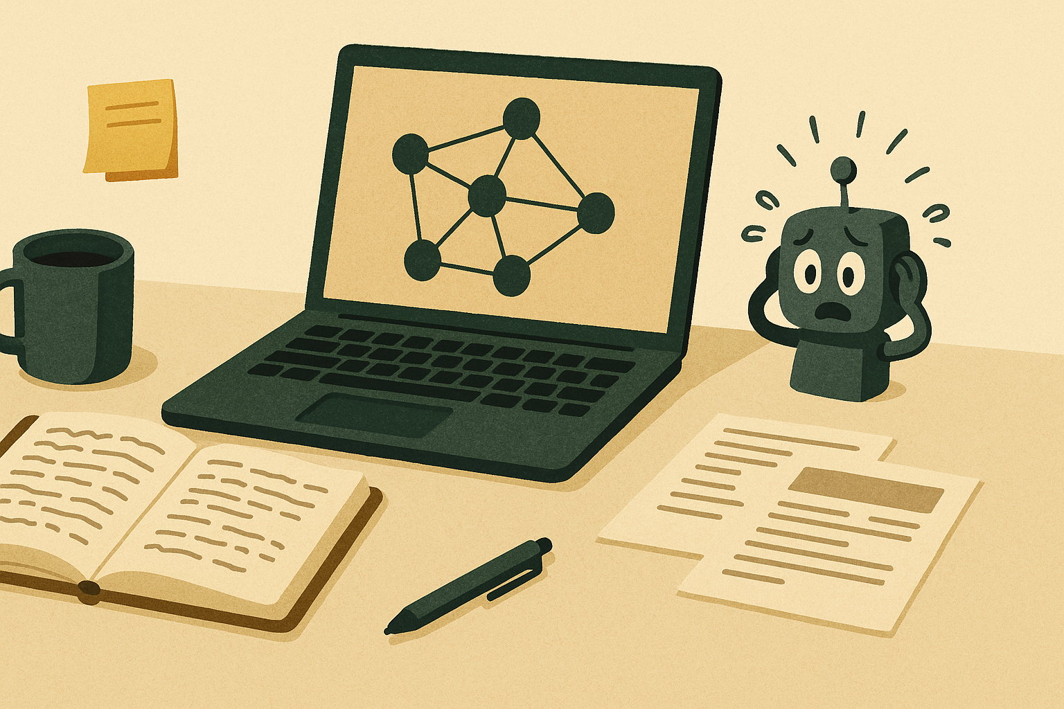 Editorial illustration of a desk covered in notes and a laptop showing a connected memory graph.