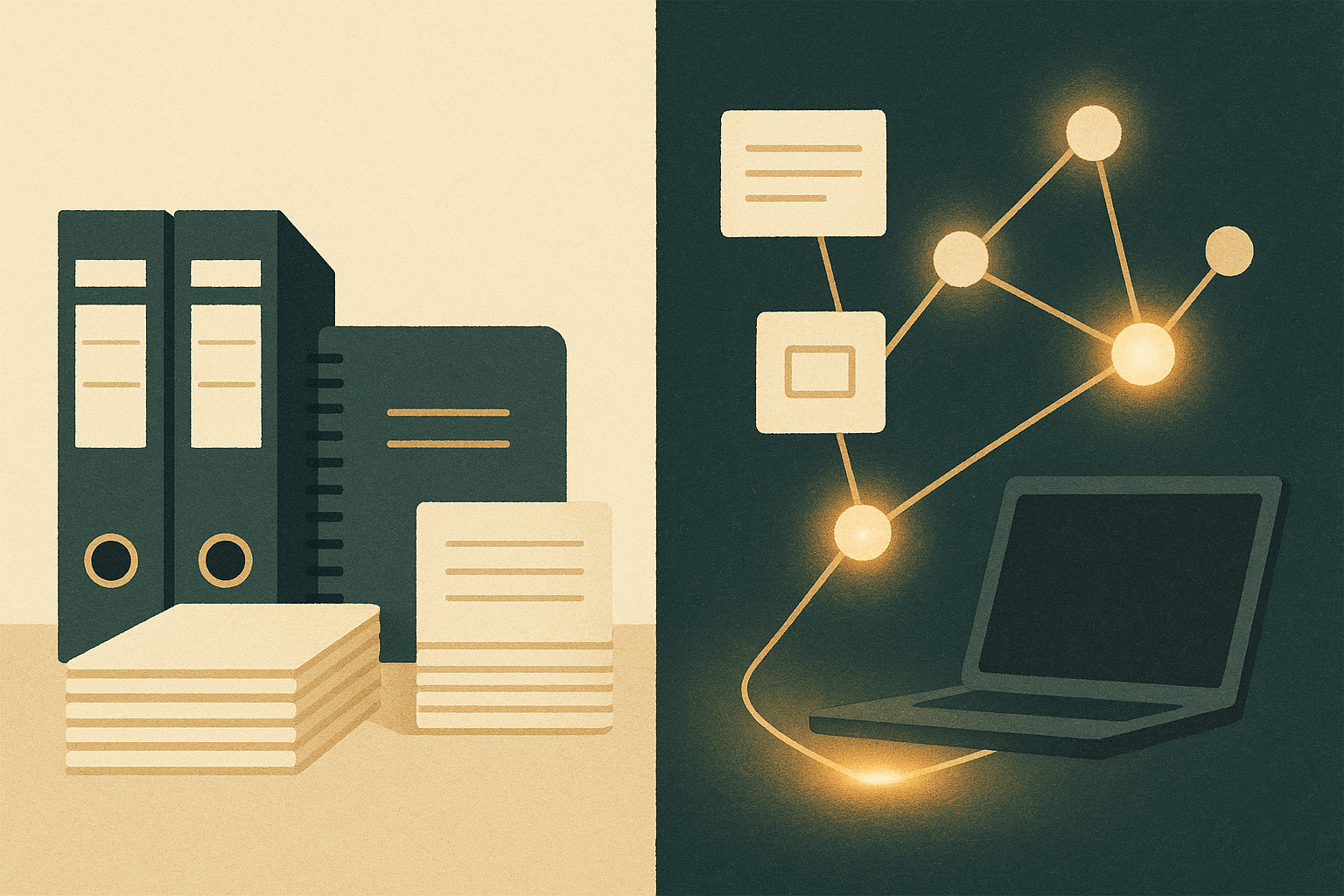 Split-screen editorial illustration: on the left, notes sit static in folders; on the right, related notes light up and route into an AI response workspace.