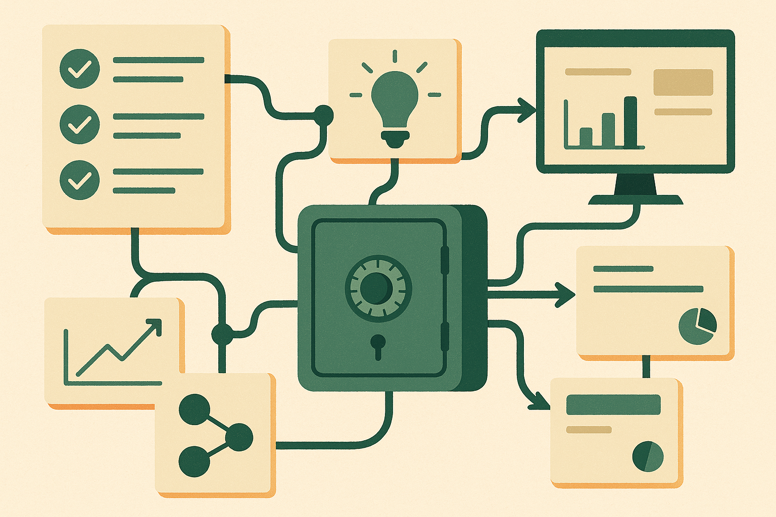 Editorial illustration of notes, links, documents, and decisions flowing from multiple tools into one personal vault and then out to several AI interfaces.