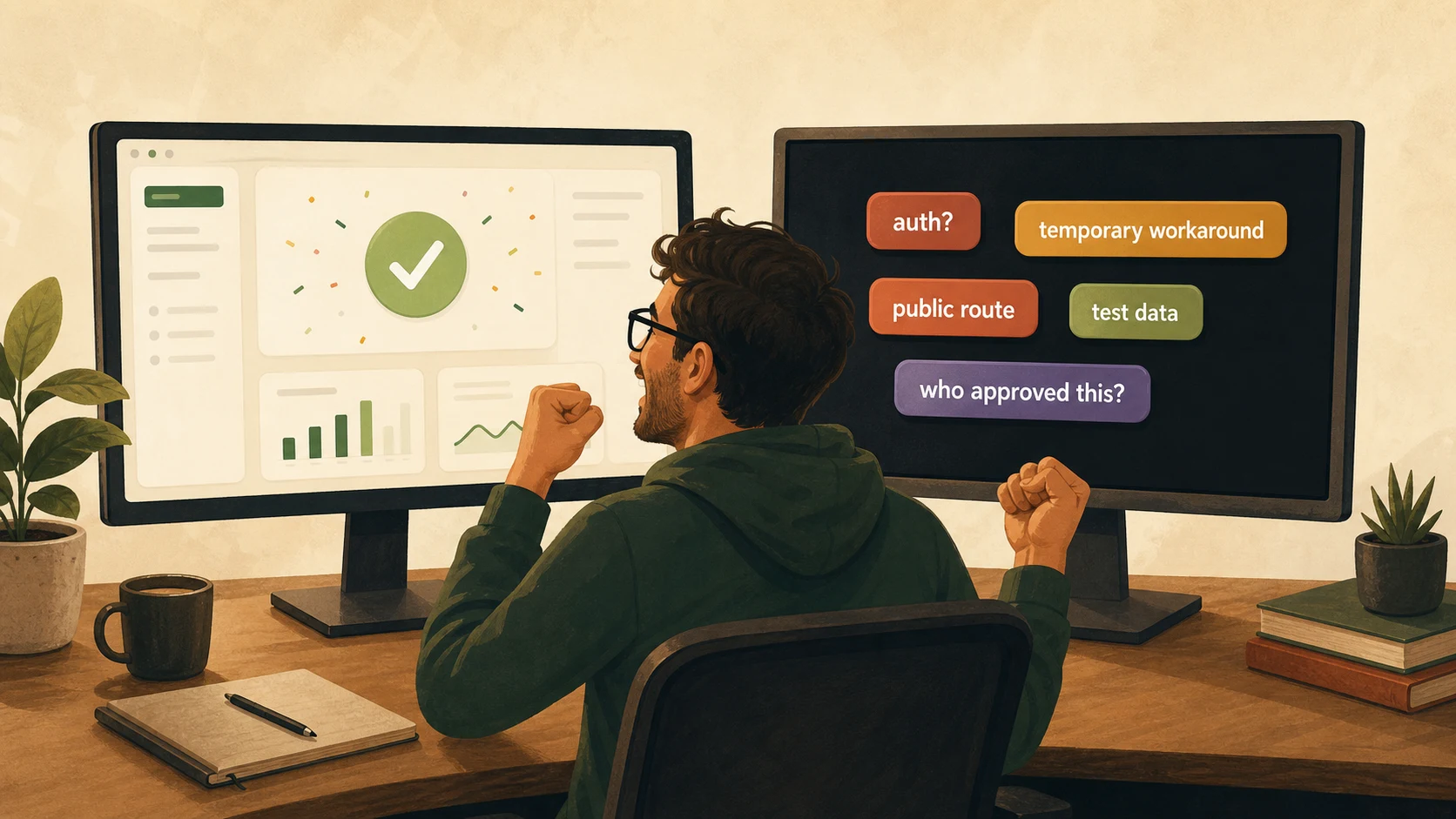 Editorial illustration of a developer working on a growing application while reminders and warnings stay visible nearby.