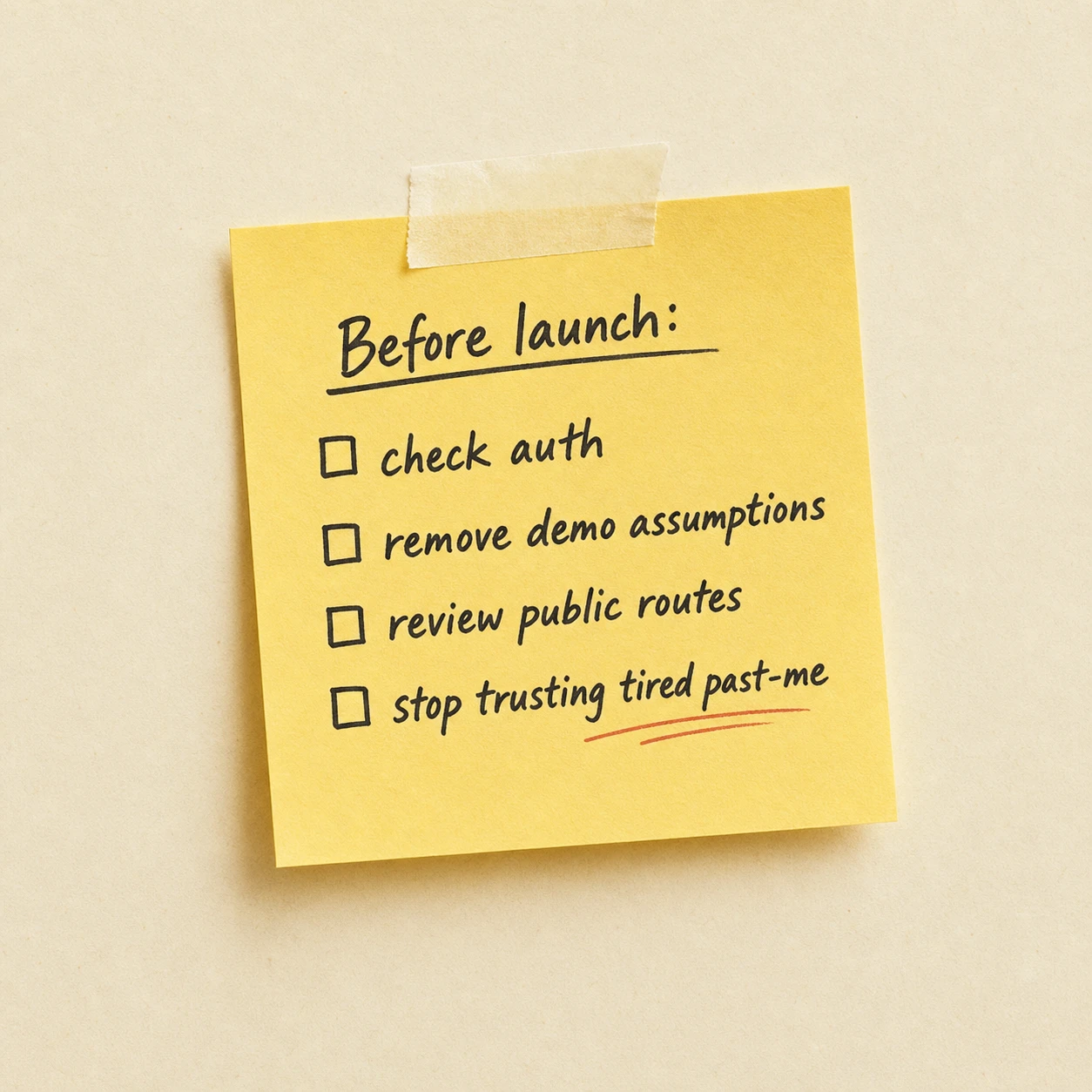 Sticky note checklist that says: Before launch, check auth, remove demo assumptions, review public routes, stop trusting tired past-me.