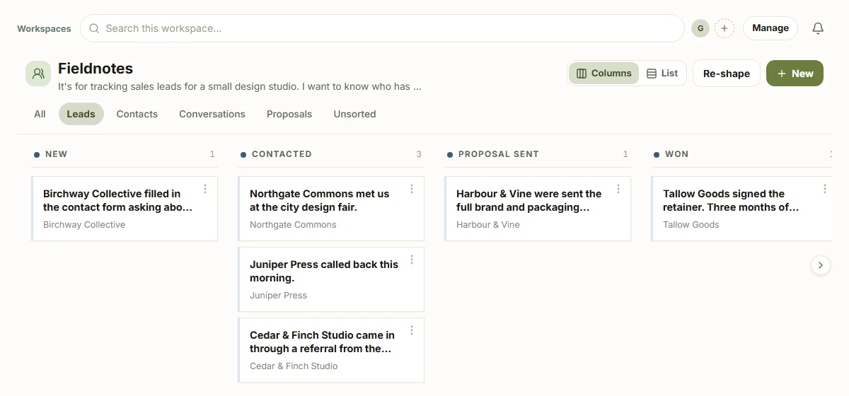 The Fieldnotes workspace, leads filtered into New, Contacted, Proposal sent and Won