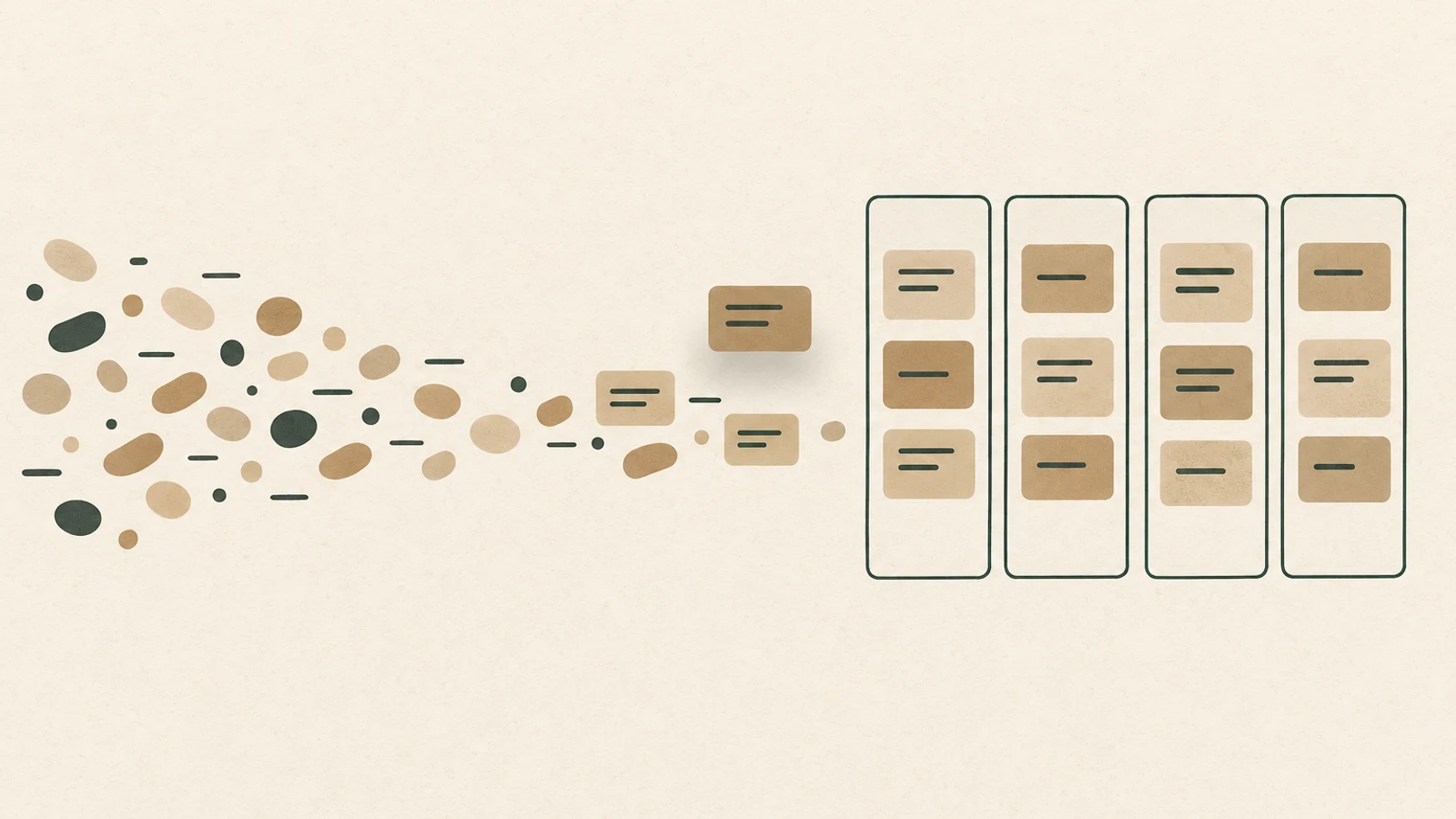 Loose fragments of a conversation flowing rightward and condensing into cards that stack into four lanes, with one card left floating outside the lanes.