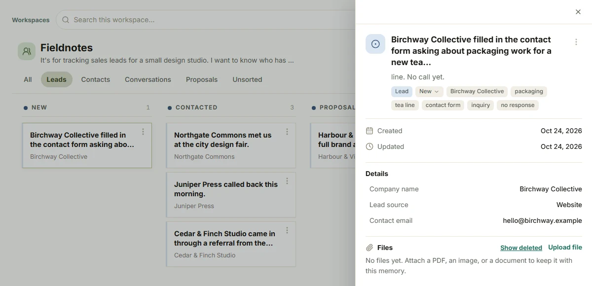 A lead opened in the detail pane, showing its type, stage, company, source, contact email and tags